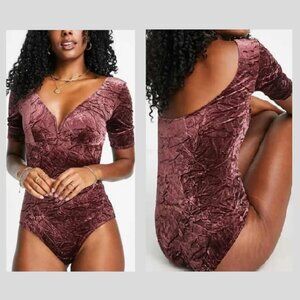 NWT & OTHER STORIES Velvet Jacquard Bodysuit SS Stretch V-Neck Burgundy Womens 6